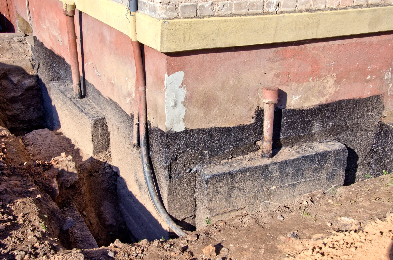 Excavated foundation wall with waterproofing coating applied by Promaster Maintenance Corp, Long Island, NY